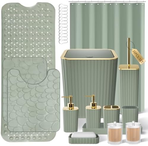 XLHOMO 26PC Bathroom Accessories Set - Gorgeous Sage Green Bathroom Set, Bathroom Accessory Set, Shower Curtain Set with Bathtub Mats for Shower Tub, Trash Can & Soap Dispenser