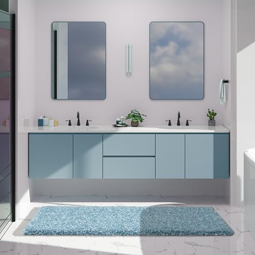 Yimobra Luxury Bathroom Rugs, Fluffy Bath Mats, Non Slip, Water Absorbent Microfiber, Machine Washable, Plush Runner Shower Rugs, Thick Matts for Bathroom Floor&Tub, 70" X 24", Denim Blue and White