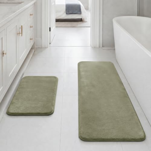 HUXMEYSON Bathroom Rugs Sets 2 Piece, Non-Slip & Quick Dry Bath Mat Set, Ultra Soft Velvet Bath Rugs for Bathroom, Toilet and Shower Floor, Olive Green
