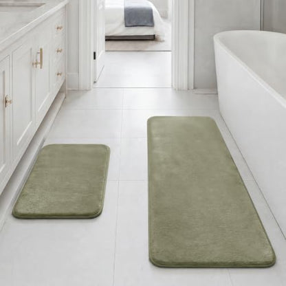 HUXMEYSON Bathroom Rugs Sets 2 Piece, Non-Slip & Quick Dry Bath Mat Set, Ultra Soft Velvet Bath Rugs for Bathroom, Toilet and Shower Floor, Olive Green