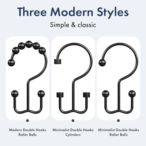 Bathway Shower Curtain Hooks Matte Black Shower Curtain Rings, 12 Pcs Double Hook Shower Curtain Hooks Rings Shower Curtain Hangers Rust Proof, Metal Shower Hooks for Bathroom Shower Curtain Rod