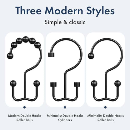 Bathway Shower Curtain Hooks Matte Black Shower Curtain Rings, 24 Pcs Double Hook Shower Curtain Hooks Rings Shower Curtain Hangers Rust Proof, Metal Shower Hooks for Bathroom Shower Curtain Rod