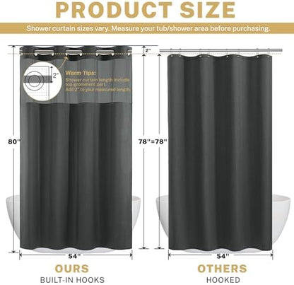 WONICY No Hook Shower Curtain with Liner, Charcoal Grey, 54 x 80 Inch