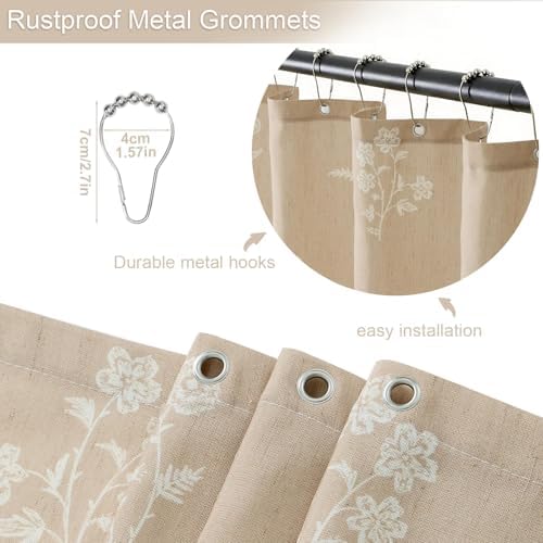 ORTIGIA Cottage Core Neutral Shower Curtain Linen Farmhouse Vintage Floral Block Print Shower Curtains Set Boho Rustic Decor for Bathroom 72 W x 72 L