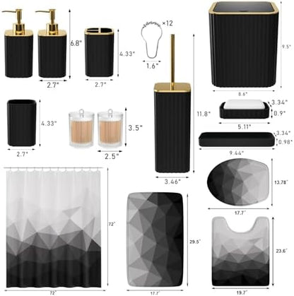 XLHOMO Bathroom Accessory Set - 26PC Bathroom Shower Curtain and Rug Set, Bathroom Accessories Set, Black Bathroom Set with Trash Can, Toilet Brush, Qtip Holder & Soap Dispenser