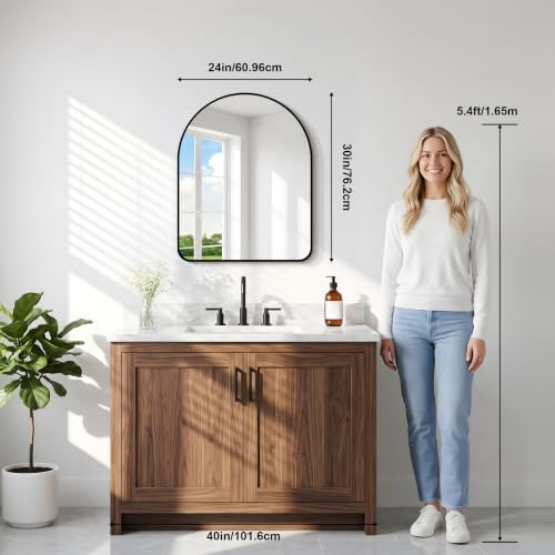 GLASHOM Arched Bathroom Vanity Mirror, 24"x30" Black Frame Wall Mirror