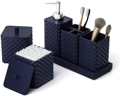 Bathroom Accessories Set Resin 6PCS, Square Toothbrush Holders Set Complete with Soap Dispenser, Vanity Tray, Tumbler, Cups and Cotton Swab Jars (Navy Diamond, Resin Bath 6 PCS)