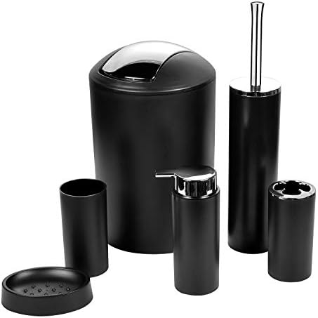 Bathroom Accessories Set 6 Piece - Trash Can, Toothbrush Holder, Toothbrush Cup, Soap Dispenser, Soap Dish, Toilet Brush Holder - Modern Bathroom Decor Set (Black)