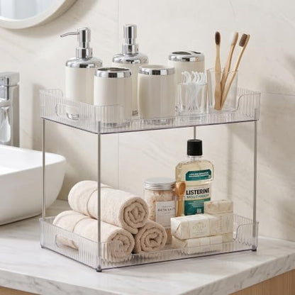 Goderewild 2-Tier Bathroom Counter Organizer, Multi-Purpose Cosmetics Skincare Shelf, Fits A4 Size Makeup Organizer for Office and Vanity Tray, Countertop Storage Solution for Kitchen,Bath.(Clear)