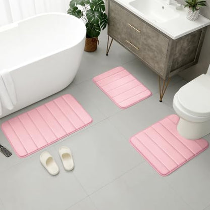 BYSURE Pink Memory Foam Bathroom Rug Set 17"x24"+20"x32"+U20 x24