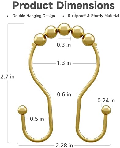 Bathway Gold Shower Curtain Hooks, Shower Curtain Hook Shower Curtain Rings Rust Proof Smooth Double Shower Curtain Hooks, Shower Hooks for Shower Curtain Bathroom Shower Rod Hook 12 Pcs