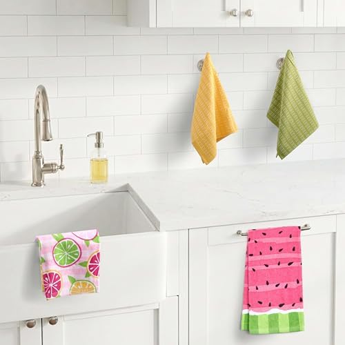 Ritz 4-Piece Kitchen Towel Set, Citrus Fruit & Watermelon Stripe Prints with Yellow & Lime Green Textured Terry, 100% Cotton & Absorbent Blend, 16" x 26", Bright Summer Fruit Kitchen Decor