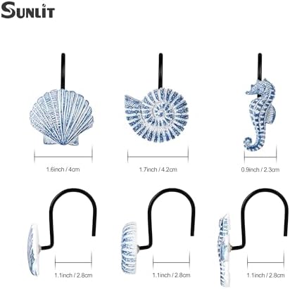 Sunlit Seashells Decorative Shower Curtain Hooks, Sky Blue Ocean Creatures Coastal Shower Curtain Rings with Black Hooks, Resin, Nautical Bathroom Decoration Beach Shower Curtain Hooks, Set of 12