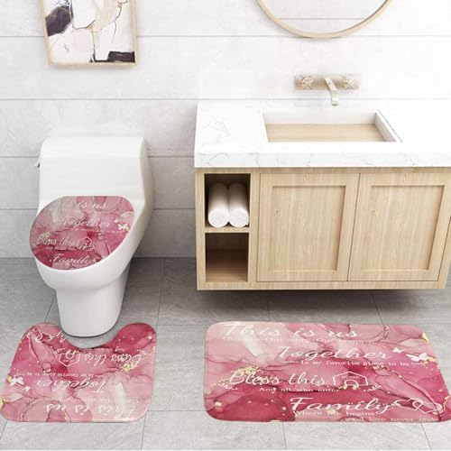 4Pcs Family Marble Shower Curtain Sets with Rugs