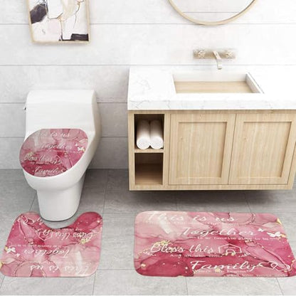 4Pcs Family Marble Shower Curtain Sets with Rugs