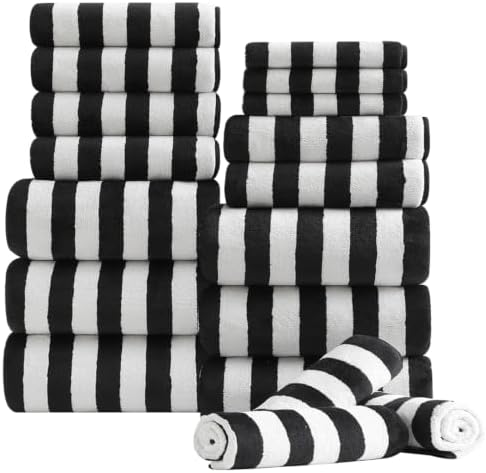 18 Pcs Black White Cabana Stripe Bath Towel Set with Hanging Loop-6 Bath Towels,6 Hand Towels,6 Washcloths Family Towels Set Bathroom Towel Highly Absorbent Quick Dry Shower Towel for Beach Spa Gym