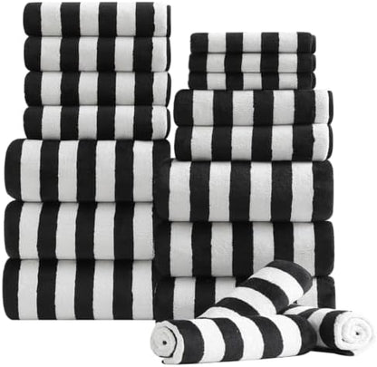 18 Pcs Black White Cabana Stripe Bath Towel Set with Hanging Loop-6 Bath Towels,6 Hand Towels,6 Washcloths Family Towels Set Bathroom Towel Highly Absorbent Quick Dry Shower Towel for Beach Spa Gym