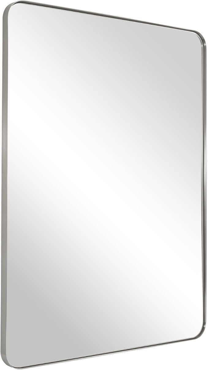 Wall Mirror Brushed Nickel for Bathroom, 24x36x1 Rounded Rectangle Mirror with Stainless Steel Silver Metal Frame, Modern Bathroom Vanity Mirror