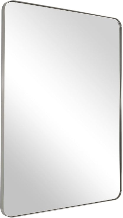 Wall Mirror Brushed Nickel for Bathroom, 24x36x1 Rounded Rectangle Mirror with Stainless Steel Silver Metal Frame, Modern Bathroom Vanity Mirror