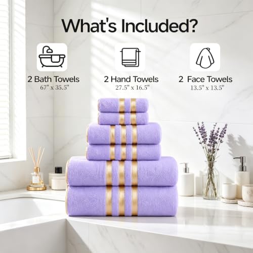 6-PCS Coral Fleece Microfiber Towel Set with Gold Stripes, Super Absorbent, Multiple Colors Available for Home, Bathroom, Hotel & Gym (6, Purple)