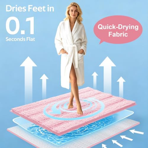 ACCUMTEK Christmas Striped Pink Bathroom Rug Set 3 Pieces Ultra Soft, Non Slip Chenille Toilet Mat, Absorbent Plush Shaggy Bath Mats for Bathroom, Bedroom, Kitchen