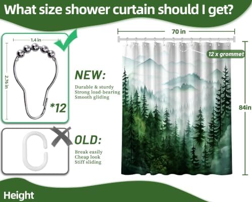 Dark Green and White Extra Long Shower Curtain, Tall 72X84 in, Forest