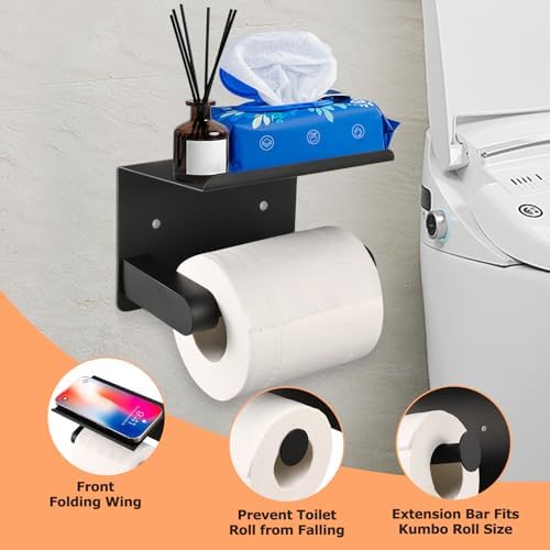 Matte Black Bathroom Hardware Set, Stainless Steel Wall Mounted Towel Hooks, Ring & Oversized Toilet Paper Holder with Shelf, Modern Home Accessories for Bathroom, Washroom, Kitchens and RVs