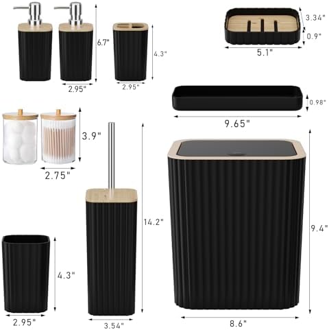 XLHOMO Bathroom Accessories Set - Elegant Black Bathroom Set, 10PC Bathroom Accessory Set, Toilet Brush, Trash Can, Qtip Holder Dispenser & Soap Dispenser