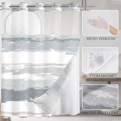 No Hook Shower Curtain with Liner, Grey Stripe, 71x84 Inch