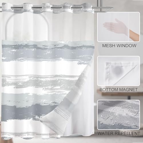 No Hook Shower Curtain with Liner, Grey Stripe, 71x77 Inch