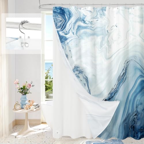 3 in 1 Blue Marble Shower Curtain Set with PEVA Liner & 12 Hooks, 72 x 84