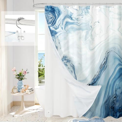 3 in 1 Blue Marble Shower Curtain Set with PEVA Liner & 12 Hooks, 72 x 84