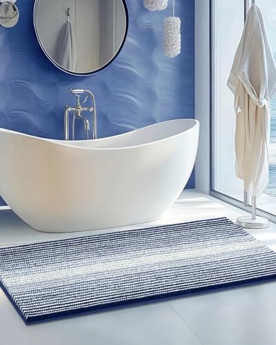 BSICPRO Large Chenille Bathroom Rugs Runner, 22x60 Striped Bath Mats, Navy