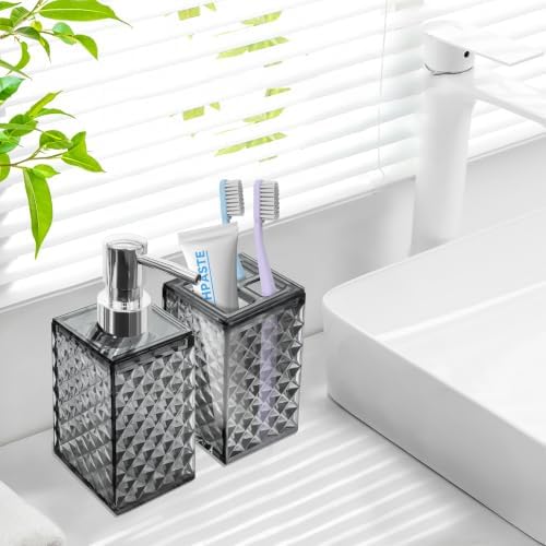 2 PCS Bathroom Accessory Set, Grey Soap Dispenser and Toothbrush Holder