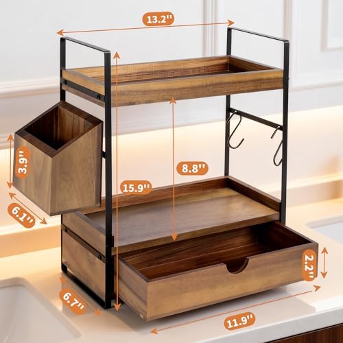 2-Tier Bathroom Counter Organizer, Acacia Wood Vanity Shelf with Drawer