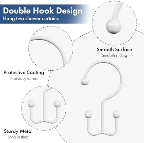 Bathway Shower Curtain Hooks White Shower Curtain Rings, 12 Pcs Double Hook Shower Curtain Hooks Rings Shower Curtain Hangers Rust Proof, Metal Shower Hooks for Bathroom Shower Curtain Rod