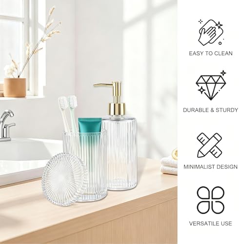 Clear Glass Bathroom Accessories Set,Soap Dispenser,Toothbrush Holder,Tray