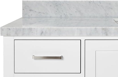 ARIEL Cambridge 60-inch Bathroom Vanity with Sink,Solid Wood, 1.5-inch Italian Carrara Marble Countertop, Single Rectangular Porcelain Sink, 2 Soft Closing Doors, 9 Dovetail Drawers, White