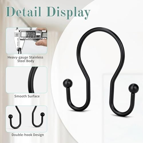 Goowin Shower Curtain Hooks, 12 Pcs Shower Curtain Rings, Stainless Steel Shower Curtain Hangers, Black Shower Curtain Hooks Rings Rust Proof, Minimalist Shower Hooks for Shower Curtain, Black
