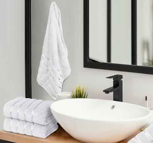 Luxury Bath Towels Set of 4, 27x54 Inches 600GSM 100% Cotton Ring Spun – Hotel Quality, Highly Absorbent - Viscose Stripe Bath Towel Sets (White)