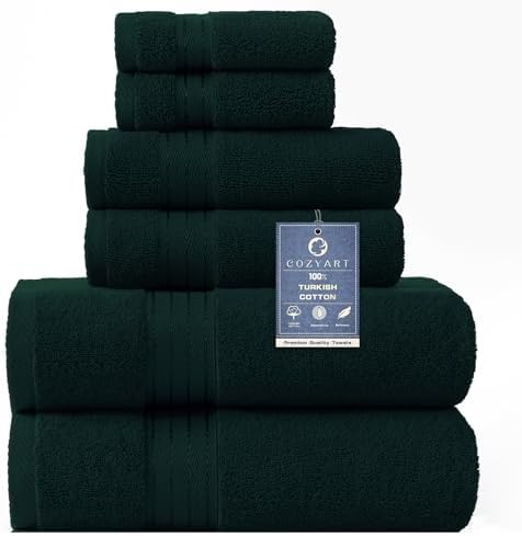 COZYART Luxury Bath Towel Set 6 Pcs, Deep Forest Green 100% Turkish Cotton