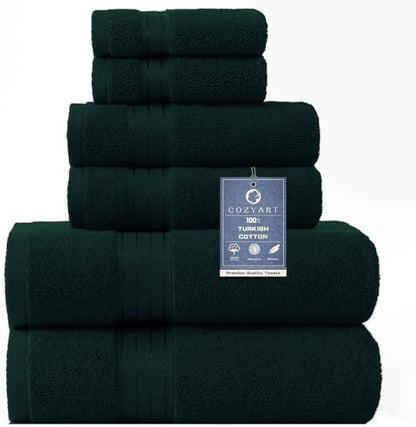 COZYART Luxury Bath Towel Set 6 Pcs, Deep Forest Green 100% Turkish Cotton