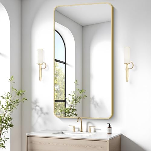 Gold Bathroom Mirror,24x48 inch Wall Mirror for Bathroom Wall Mounted,Round Rectangle Mirror for Bathroom Over Sink,Modern Frame for Home Decor Living Room,Bedroom Entryway,Horizontal/Vertical
