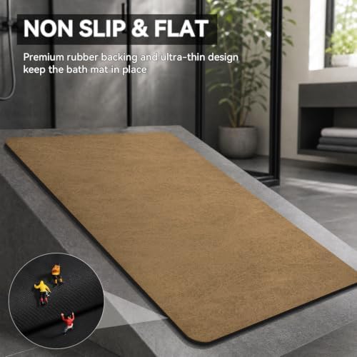 MontVoo -Bath Mat Rug-Rubber Backing Non Slip Quick Dry Absorbent Thin Bathroom Rugs Fit Under Door-Faux Suede Surface Bathroom Floor Mats-Shower Rug for in Front of Bathtub Shower Camel 17"x27.5"