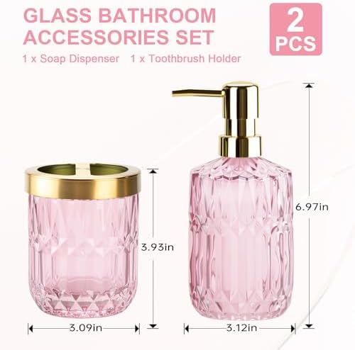 RRM Glass Bathroom Toothbrush Holder and Soap Dispenser Set, Pink
