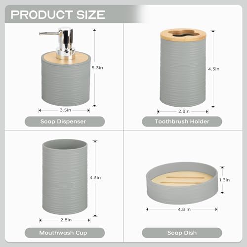 RRM 4 Piece Bamboo Bathroom Accessories Set, Boho Bathroom Decor, Grey
