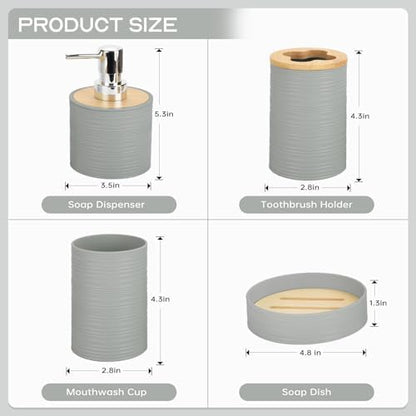RRM 4 Piece Bamboo Bathroom Accessories Set, Boho Bathroom Decor, Grey