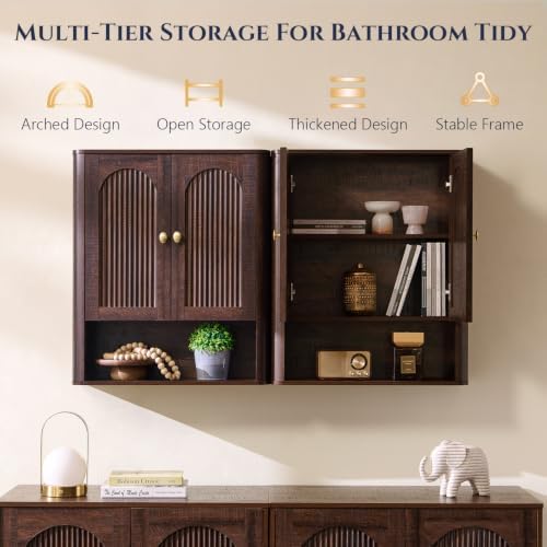 Bathroom Fluted Arched Wall Cabinet Set 2, 23.6''W Medicine Cabinet, Brown