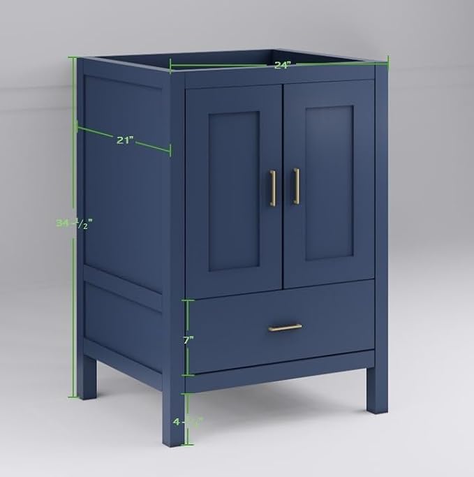 24" Blue Bathroom Vanity Base Only – Freestanding Solid Wood Sink Cabinet with Bottom Drawer, Shaker Style Storage, No Top or Sink, 36" W x 21" D x 34.5" H