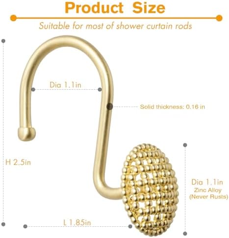 Pearlbee Gold Shower Curtain Hooks, 12Pcs Rustproof Heavy Duty Zinc Alloy
